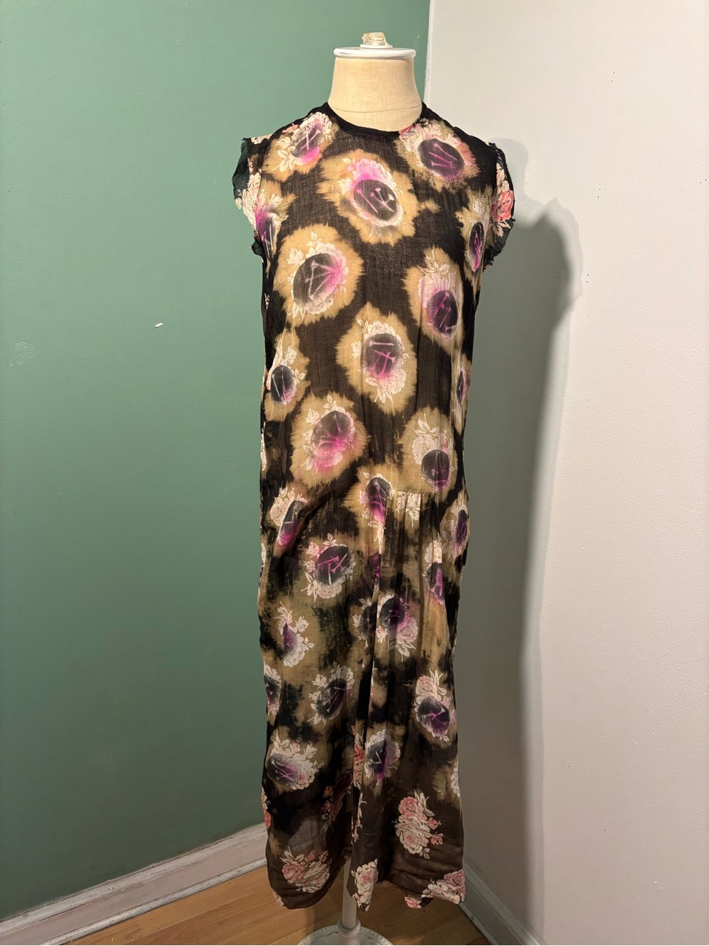 Deconstructed Vintage Sleeveless Sheer Black Floral  Dress